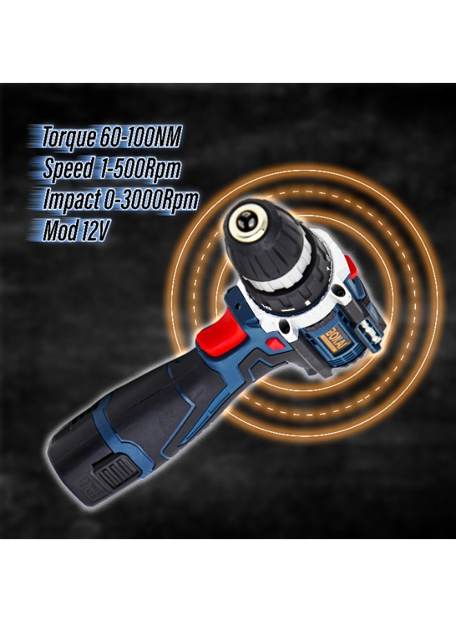 Bonai 12V Lithium Cordless Impact Drill Driver BN-HK103, 60–100Nm High Torque, 1500 RPM Variable Speed, 3000 IPM Hammer Action, Compact Power Tool - Image 2