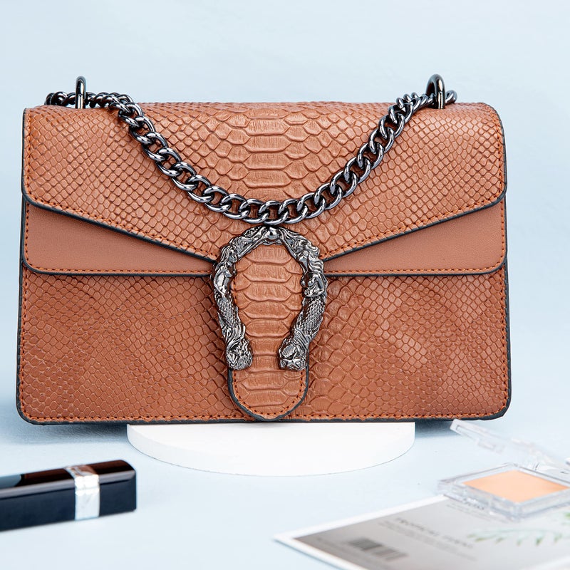 DEEPMEOW Leather Shoulder Bag Chain Purse for Women - Fashion Crossbody Bags Vintage Snake Print Underarm Bag Square Satchel Clutch Handbagï¼ˆBrownï¼‰ - Image 2