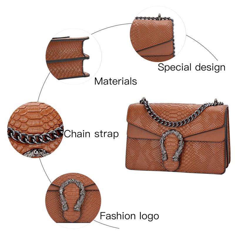 DEEPMEOW Leather Shoulder Bag Chain Purse for Women - Fashion Crossbody Bags Vintage Snake Print Underarm Bag Square Satchel Clutch Handbagï¼ˆBrownï¼‰ - Image 5