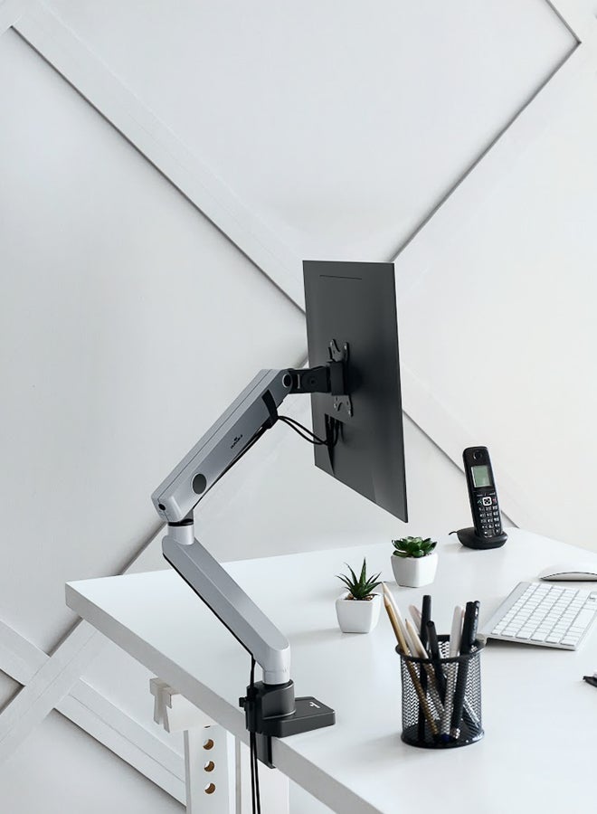 Durable Single Monitor Desk Mount for up to 34" Displays, Steel, Silver | Heavy-Duty Height Adjustable Single Monitor Arm, VESA Desk/Grommet Mount, Silver - Image 4