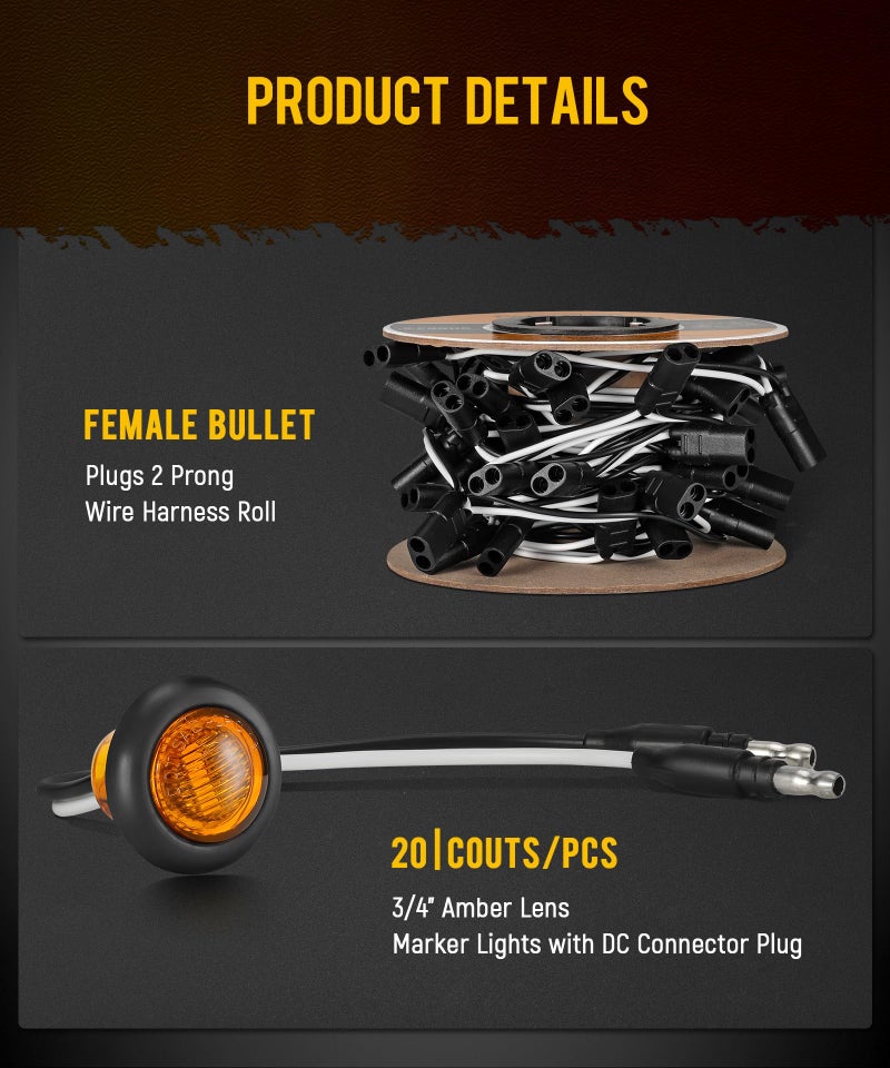 Partsam 20 Pcs 3/4" Amber Side Marker Lights with Connector Plug + 2 Pin Continuous Wire Harness Roll, Plug and Play Installation for Trailers, Trucks, Vans, RVs, ATVs, Buses - Image 3