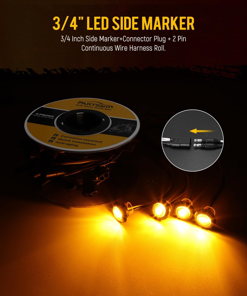 Partsam 20 Pcs 3/4" Amber Side Marker Lights with Connector Plug + 2 Pin Continuous Wire Harness Roll, Plug and Play Installation for Trailers, Trucks, Vans, RVs, ATVs, Buses - Image 2