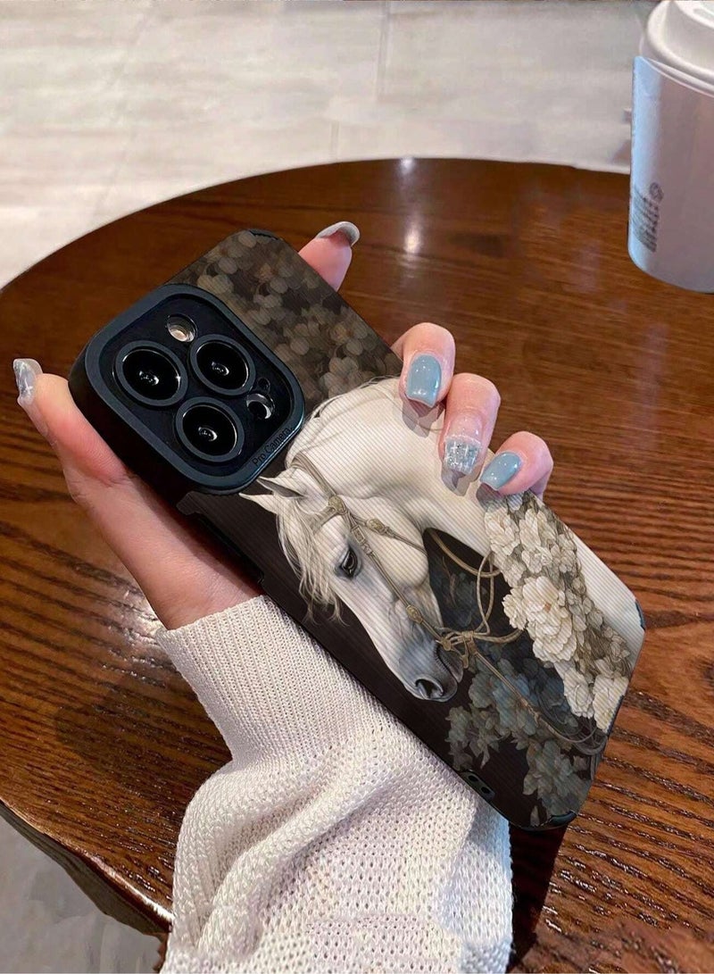 جراب ايفون 16 بتصميم حصان أبيض أنيق مزين بالورود – جراب فاخر يوفر حماية متينة للهاتف مع إطلالة فنية مميزة - Image 1