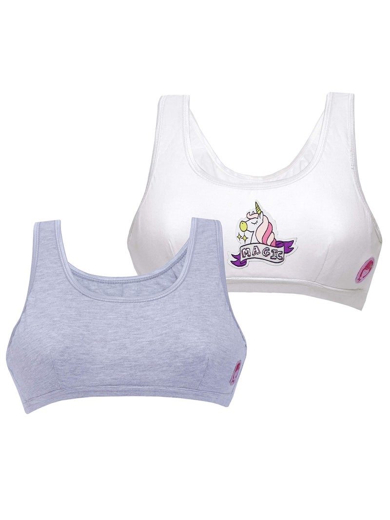 DChica Essentials Sports Bra for Girls, Cotton Non-Padded Full Coverage Beginners Non-Wired T-Shirt Gym Workout Bra with Regular Broad Strap, Printed Training Bra for Teenager Kids (Pack of 2) - Image 4