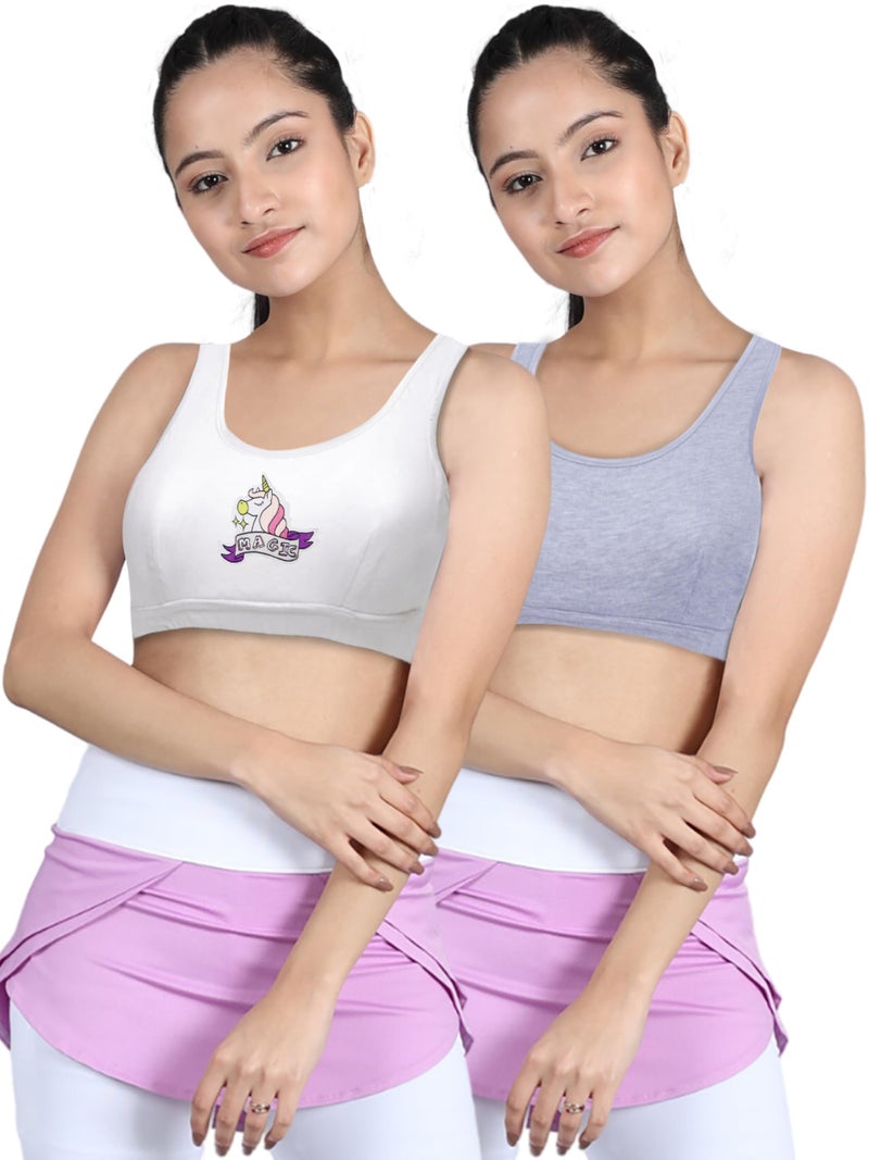 DChica Essentials Sports Bra for Girls, Cotton Non-Padded Full Coverage Beginners Non-Wired T-Shirt Gym Workout Bra with Regular Broad Strap, Printed Training Bra for Teenager Kids (Pack of 2) - Image 1