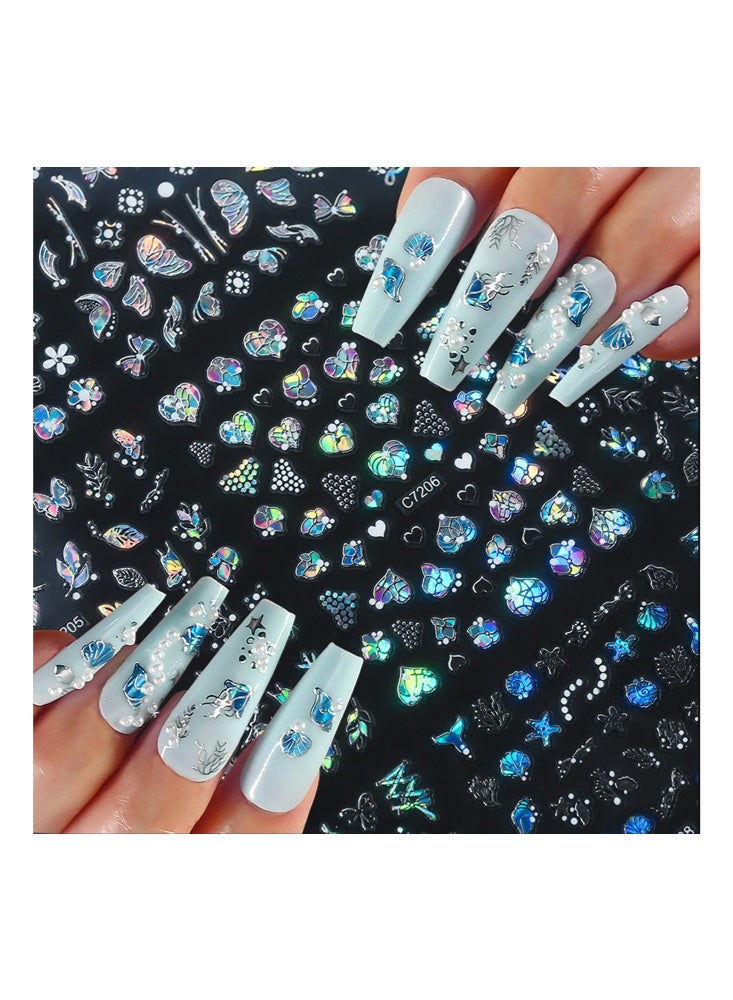 rocooart 20 Sheets Nail Art Stickers-3D Embossed Aurora Seashell Starfish Nail Art Stickers Decals Self-Adhesive 5D Ocean Theme Nail Supplies Nail Art Design Decoration Accessories - Image 3