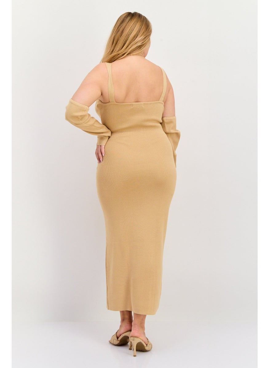 Simmi London - Women Plus Size Cut Out Midi Casual Dress, Tan - Image 1