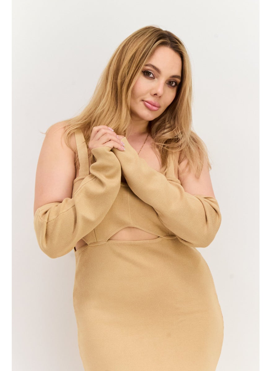 Simmi London - Women Plus Size Cut Out Midi Casual Dress, Tan - Image 1