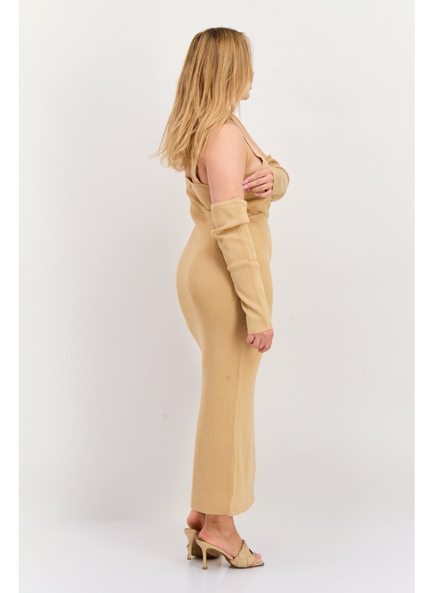Simmi London - Women Plus Size Cut Out Midi Casual Dress, Tan - Image 1