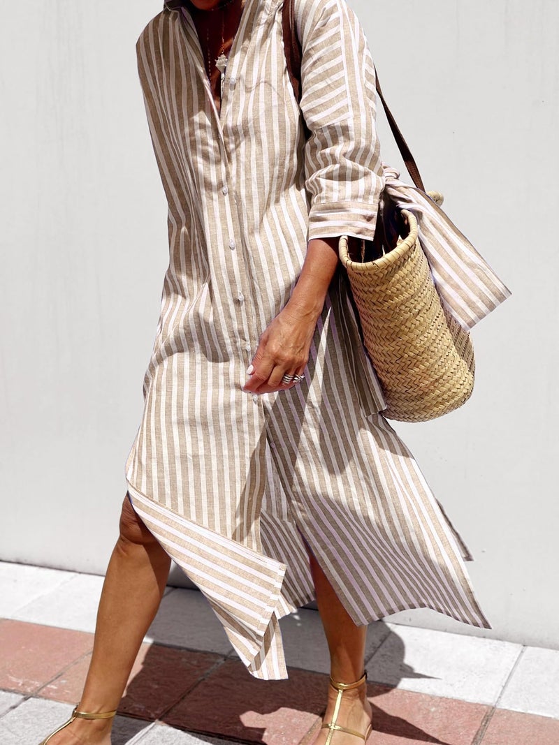 utcoco Womens 2026 Shirt Dress Casual Lapel 3/4 Sleeve Button Down Split Belted Vacation Maxi Dress (X-Small, Light Brown Striped) - Image 2