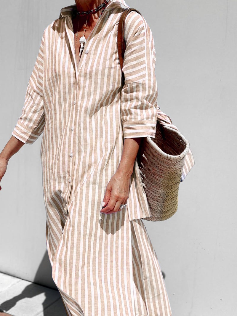 utcoco Womens 2026 Shirt Dress Casual Lapel 3/4 Sleeve Button Down Split Belted Vacation Maxi Dress (X-Small, Light Brown Striped) - Image 4