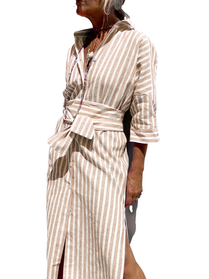 utcoco Womens 2026 Shirt Dress Casual Lapel 3/4 Sleeve Button Down Split Belted Vacation Maxi Dress (X-Small, Light Brown Striped) - Image 1