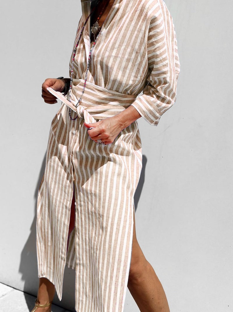 utcoco Womens 2026 Shirt Dress Casual Lapel 3/4 Sleeve Button Down Split Belted Vacation Maxi Dress (X-Small, Light Brown Striped) - Image 3
