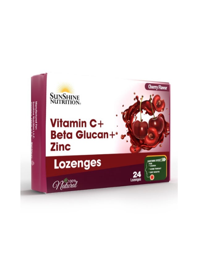 SUNSHINE NUTRITION Vitamin C + Beta Glucan + Zinc Lozenges – Cherry Flavor – Immune Support Formula, 24's - Image 1