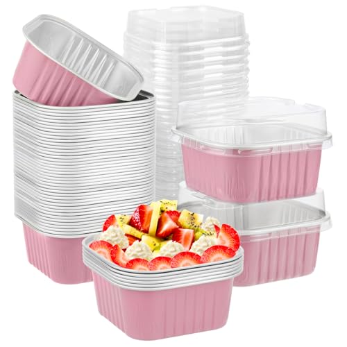 Augoog 50 Pcs Aluminum Foil Mini Square Baking Cups with Lids,5oz Disposable Ramekins Cake Pans,Cupcake Baking Cups Containers for Bread Muffin Brownie Cheesecake,Pink - Image 1
