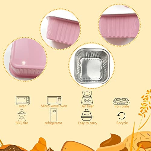 Augoog 50 Pcs Aluminum Foil Mini Square Baking Cups with Lids,5oz Disposable Ramekins Cake Pans,Cupcake Baking Cups Containers for Bread Muffin Brownie Cheesecake,Pink - Image 3