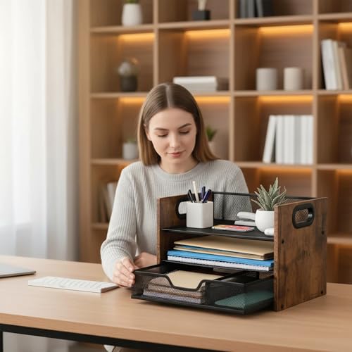 Boershun Wood Desk Organizer - 3-Tier Desktop File Organizer with Drawer, Wooden Paper Tray, Office Desk Organzier and Accessories for Papers, Mail, Notebooks, Stationery - Image 5