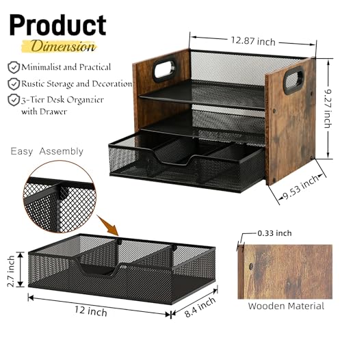 Boershun Wood Desk Organizer - 3-Tier Desktop File Organizer with Drawer, Wooden Paper Tray, Office Desk Organzier and Accessories for Papers, Mail, Notebooks, Stationery - Image 3