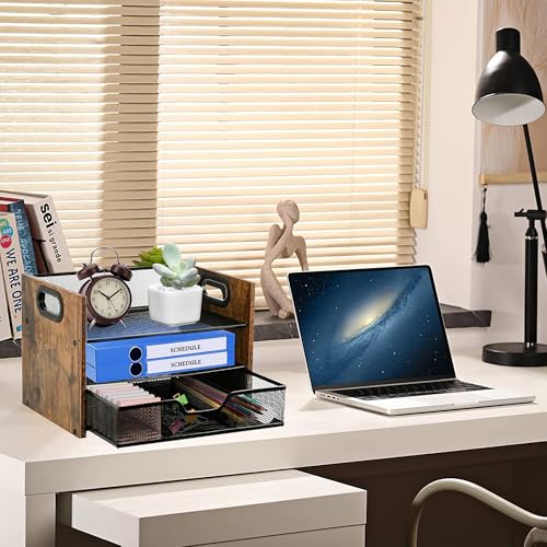 Boershun Wood Desk Organizer - 3-Tier Desktop File Organizer with Drawer, Wooden Paper Tray, Office Desk Organzier and Accessories for Papers, Mail, Notebooks, Stationery - Image 4