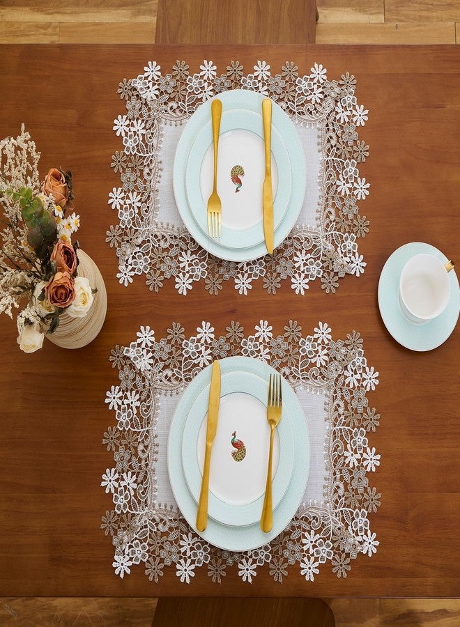 Winotic White Earth Tones Floral Lace Placemats Table Topper Dresser Scarf Place Mats (14"x20" Set of 2, White) - Image 2