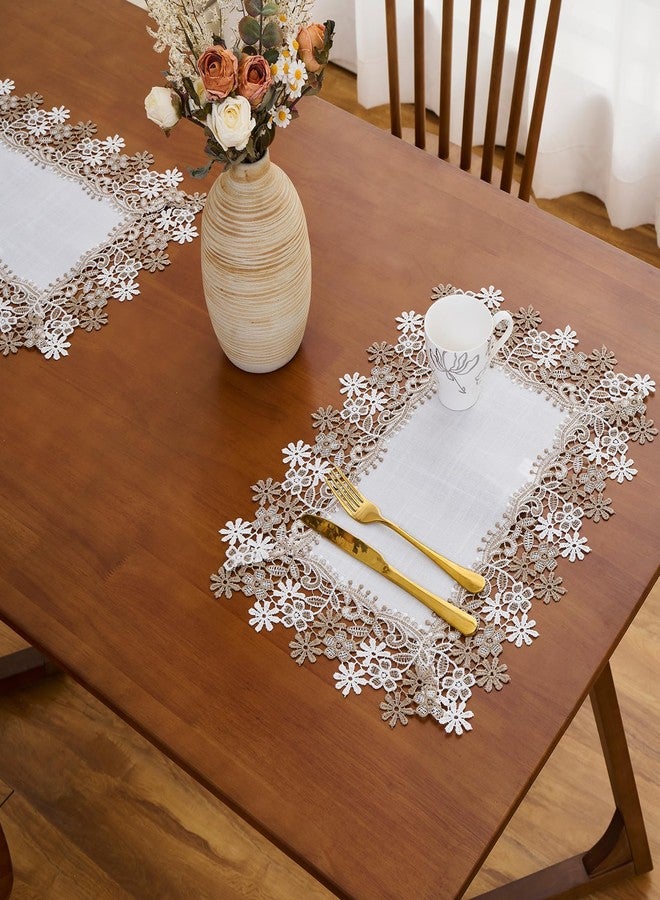 Winotic White Earth Tones Floral Lace Placemats Table Topper Dresser Scarf Place Mats (14"x20" Set of 2, White) - Image 3
