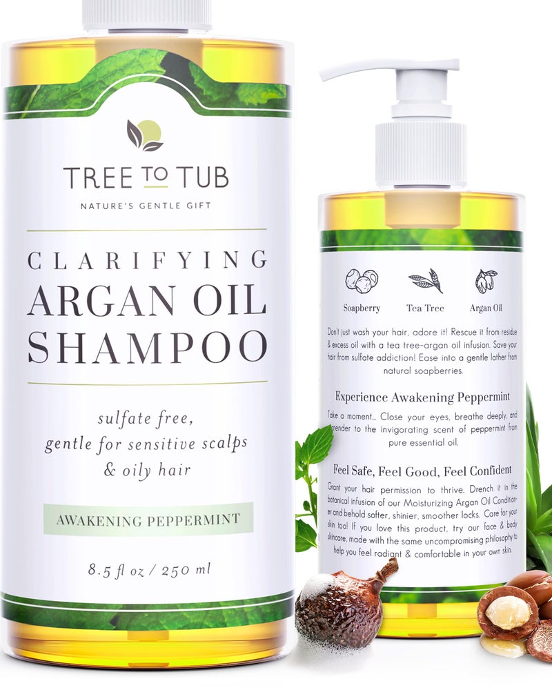 Tree to Tub Peppermint Shampoo for Oily Hair & Sensitive Scalp - Gentle Clarifying Shampoo for Build Up, Sulfate Free Anti Residue Hair Shampoo for Women & Men w/Organic Argan Oil, Natural Aloe Vera - Image 1