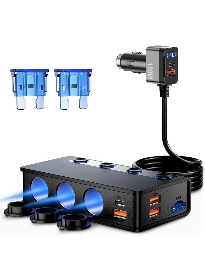 محول ولاعة سجائر للسيارة بتقنية QC&PD 3.0، شاحن سيارة USB 12 فولت/24 فولت، 120 واط/180 واط، موزع ولاعة سجائر بثلاثة مقابس مع فولتميتر LED، 6 منافذ شحن سريع، حماية آمنة للهواتف الذكية والحواسيب المحمولة. - Image 1