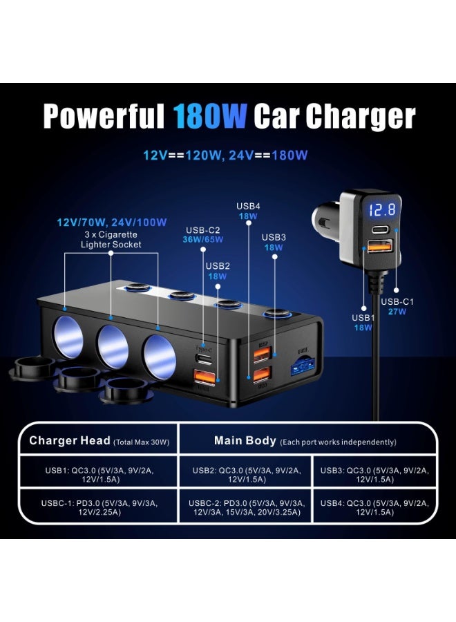 محول ولاعة سجائر للسيارة بتقنية QC&PD 3.0، شاحن سيارة USB 12 فولت/24 فولت، 120 واط/180 واط، موزع ولاعة سجائر بثلاثة مقابس مع فولتميتر LED، 6 منافذ شحن سريع، حماية آمنة للهواتف الذكية والحواسيب المحمولة. - Image 5