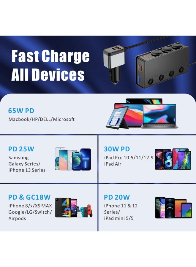 محول ولاعة سجائر للسيارة بتقنية QC&PD 3.0، شاحن سيارة USB 12 فولت/24 فولت، 120 واط/180 واط، موزع ولاعة سجائر بثلاثة مقابس مع فولتميتر LED، 6 منافذ شحن سريع، حماية آمنة للهواتف الذكية والحواسيب المحمولة. - Image 3