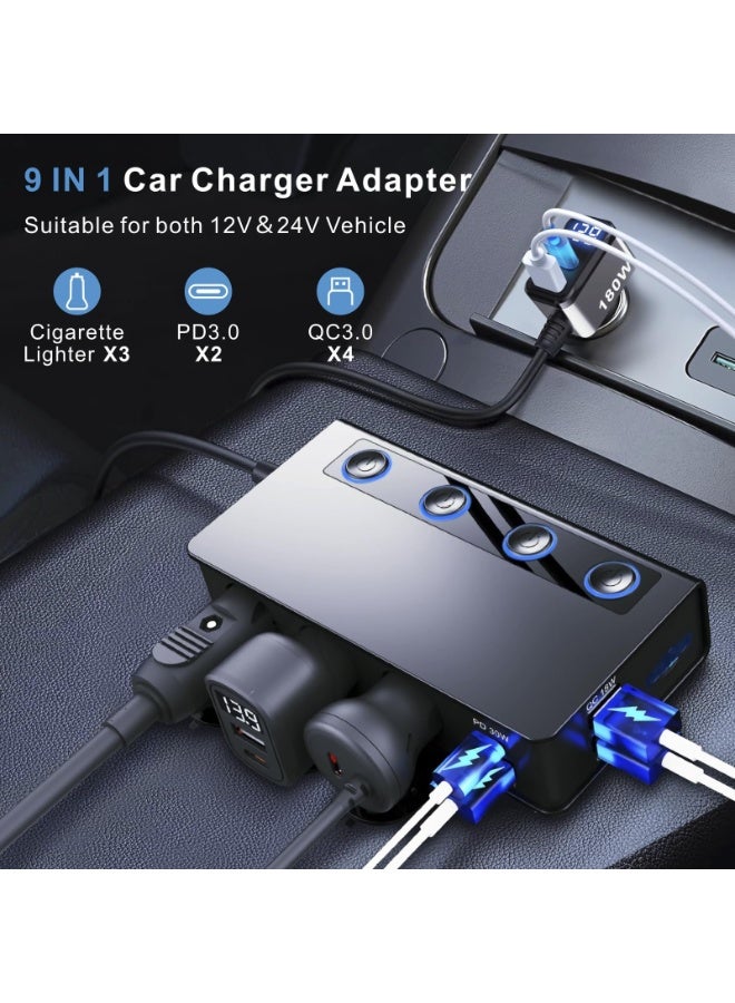 محول ولاعة سجائر للسيارة بتقنية QC&PD 3.0، شاحن سيارة USB 12 فولت/24 فولت، 120 واط/180 واط، موزع ولاعة سجائر بثلاثة مقابس مع فولتميتر LED، 6 منافذ شحن سريع، حماية آمنة للهواتف الذكية والحواسيب المحمولة. - Image 2