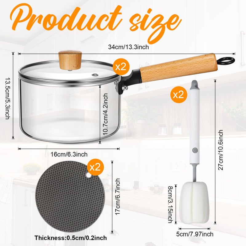 Uiifan 2 Sets Glass Pot for Cooking on Stove Kitchen Glass Cookware Clear Cooking Pot with Lid Handle and Pan Set 60oz Simmer Saucepan Resistant Safe for Pasta Noodle Soup Milk Baby Food (Classic) - Image 2