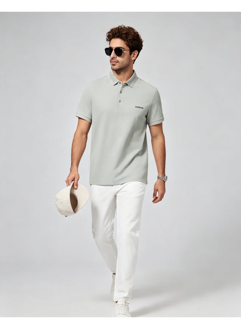 GEOX Men Classic Striped Collar Short Sleeve Polo Shirt Daily Business Casual Wear Light Sage Green - Image 2