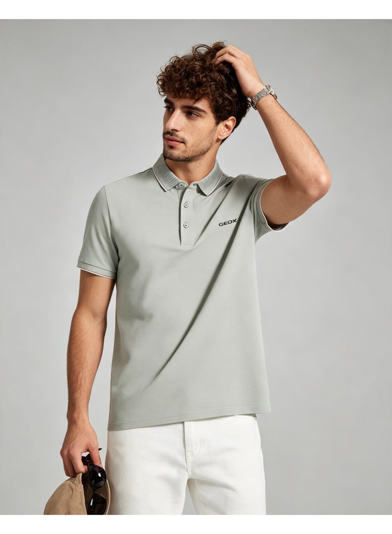 GEOX Men Classic Striped Collar Short Sleeve Polo Shirt Daily Business Casual Wear Light Sage Green - Image 4