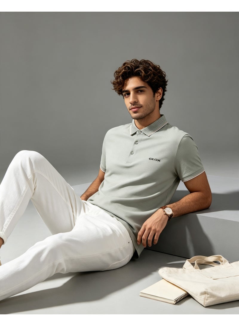GEOX Men Classic Striped Collar Short Sleeve Polo Shirt Daily Business Casual Wear Light Sage Green - Image 3