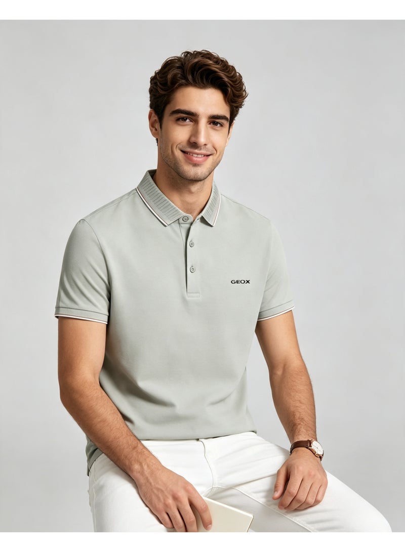 GEOX Men Classic Striped Collar Short Sleeve Polo Shirt Daily Business Casual Wear Light Sage Green - Image 1