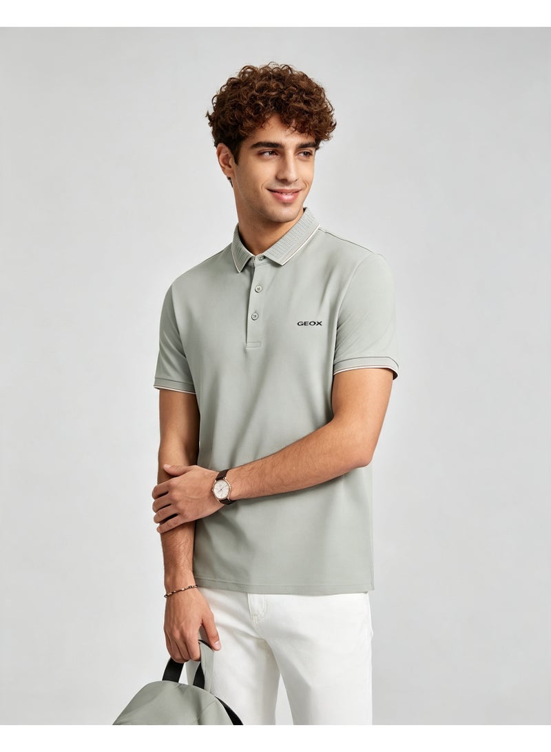 GEOX Men Classic Striped Collar Short Sleeve Polo Shirt Daily Business Casual Wear Light Sage Green - Image 5