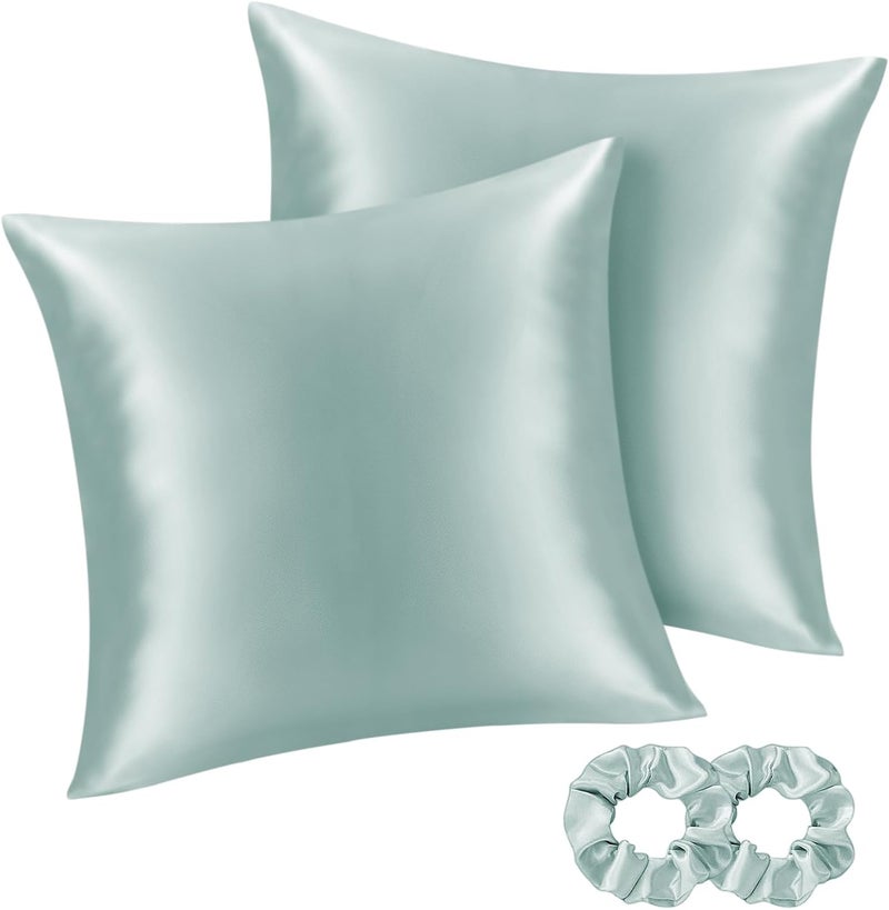 BEDELITE Satin Cushion Cover Set of 2 80 x 80 cm Mist Blue | Silk Pillowcase Alternative, Soft for Summer, 2 Hair Bobbles Included, for Hair and Skin - Image 1