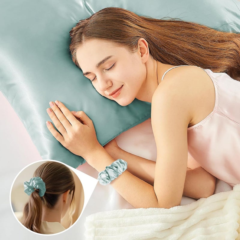 BEDELITE Satin Cushion Cover Set of 2 80 x 80 cm Mist Blue | Silk Pillowcase Alternative, Soft for Summer, 2 Hair Bobbles Included, for Hair and Skin - Image 5