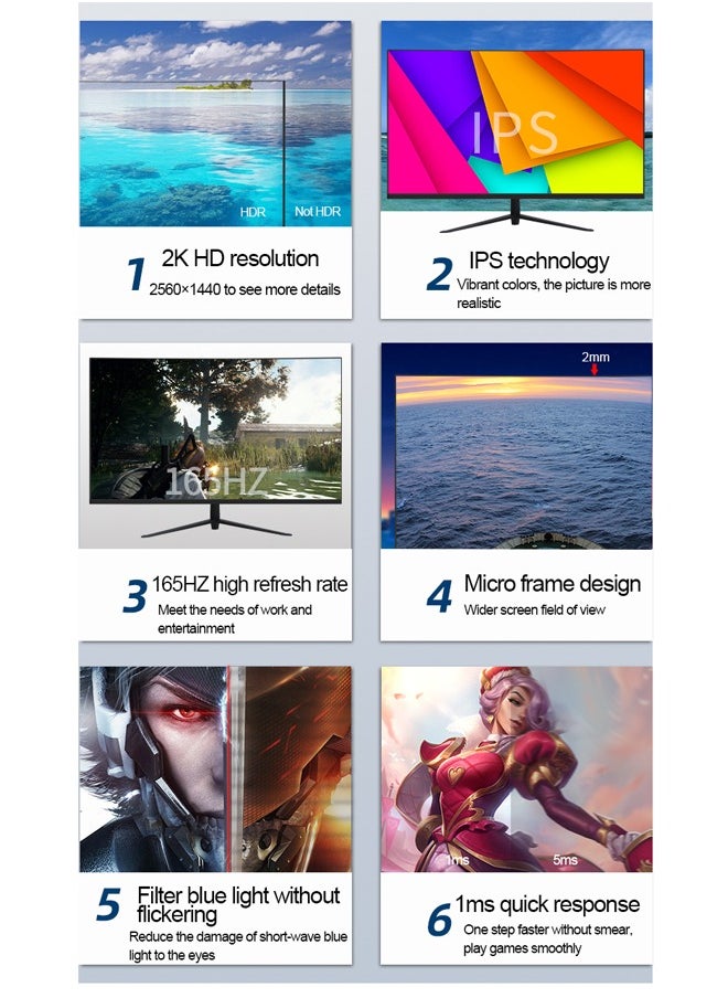 Glanfen - 27 inch IPS Gaming Monitor 165Hz with QHD(2560×1440) Flat Screen Display,1ms, Colorful LED Backlit, 2 HDMI 2 DP 1 Earphone Ports with 5-Way Stick Power/Menu Button - Image 1