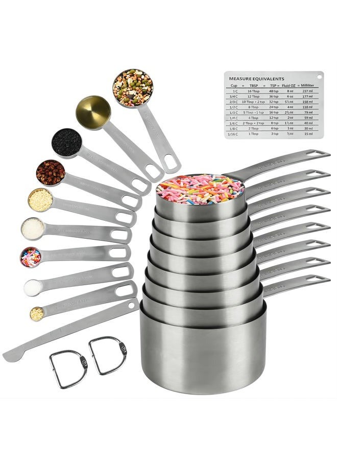 Hotsyang Stainless Steel Measuring Cups and Spoons Set for Kitchen Baking Tools: Stainless Steel Measuring Cups of 8, Spoons of 9, 1 Leveler, 1 Measurement Conversion Chart, 18/8(304) - Image 1