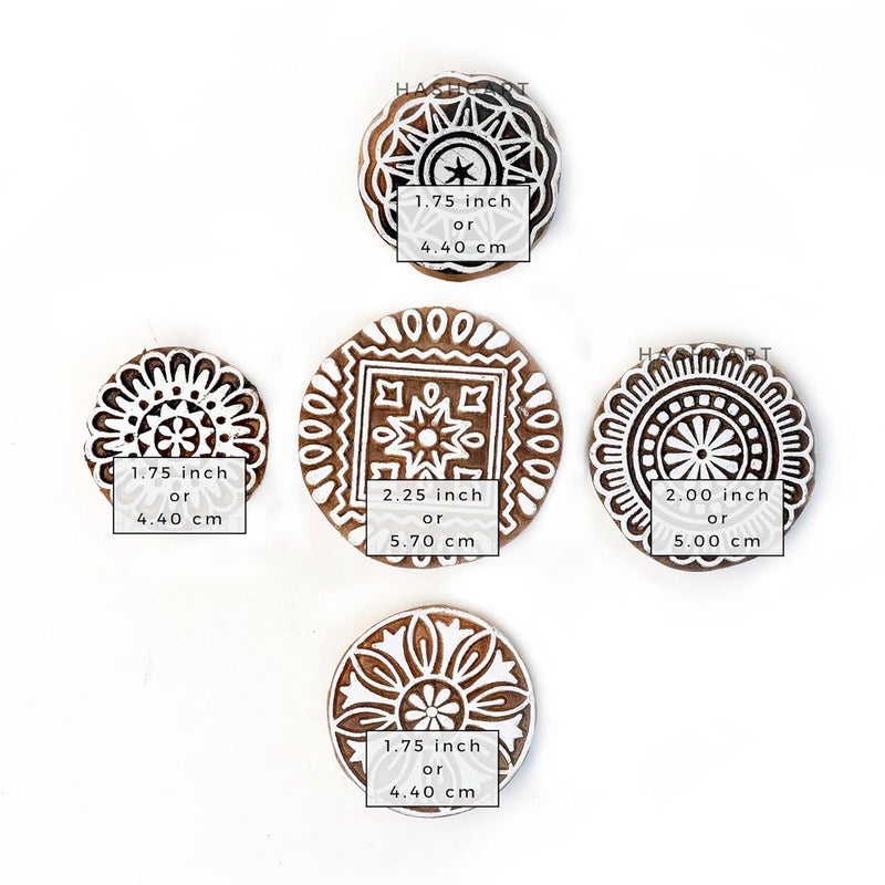 TWOGRAMS Wood Floral Design Printing Stamps Round Shape Block for Printing Scrapbooking Fabric Textile Paper Clay Pottery Saree Border | Set of 5 | - Image 4