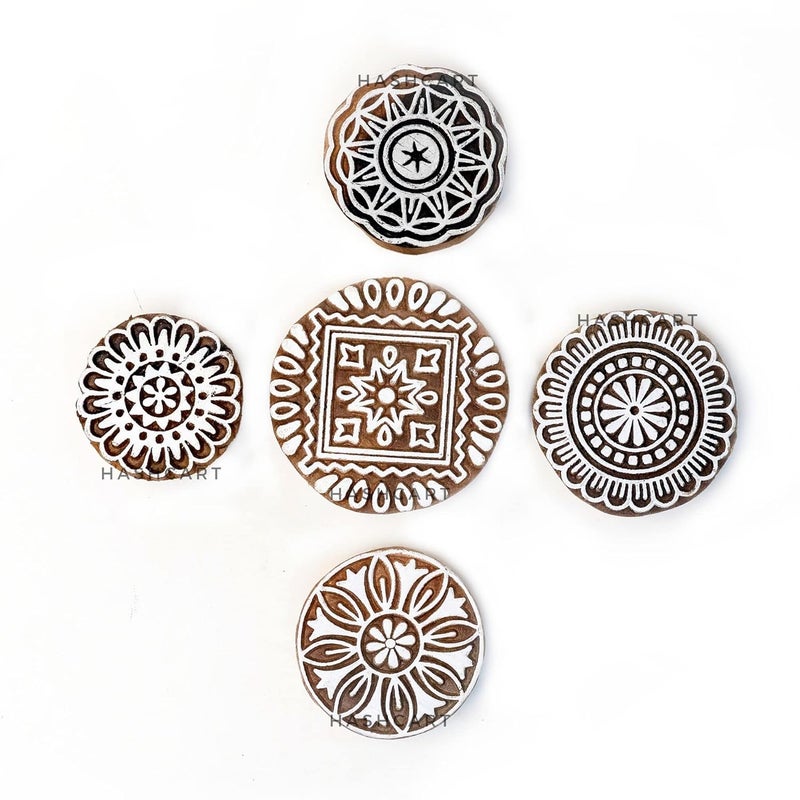 TWOGRAMS Wood Floral Design Printing Stamps Round Shape Block for Printing Scrapbooking Fabric Textile Paper Clay Pottery Saree Border | Set of 5 | - Image 1