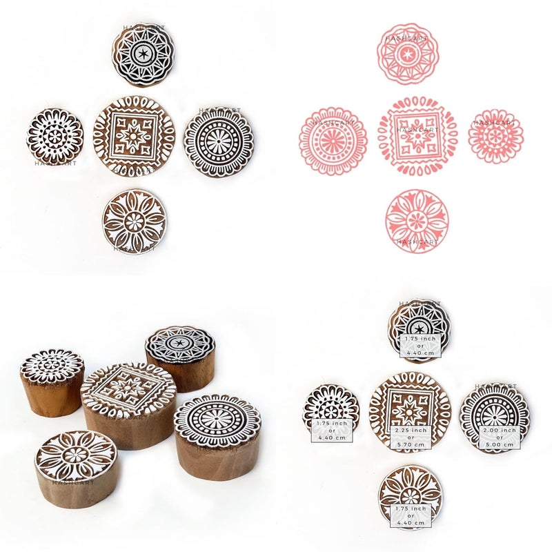 TWOGRAMS Wood Floral Design Printing Stamps Round Shape Block for Printing Scrapbooking Fabric Textile Paper Clay Pottery Saree Border | Set of 5 | - Image 5