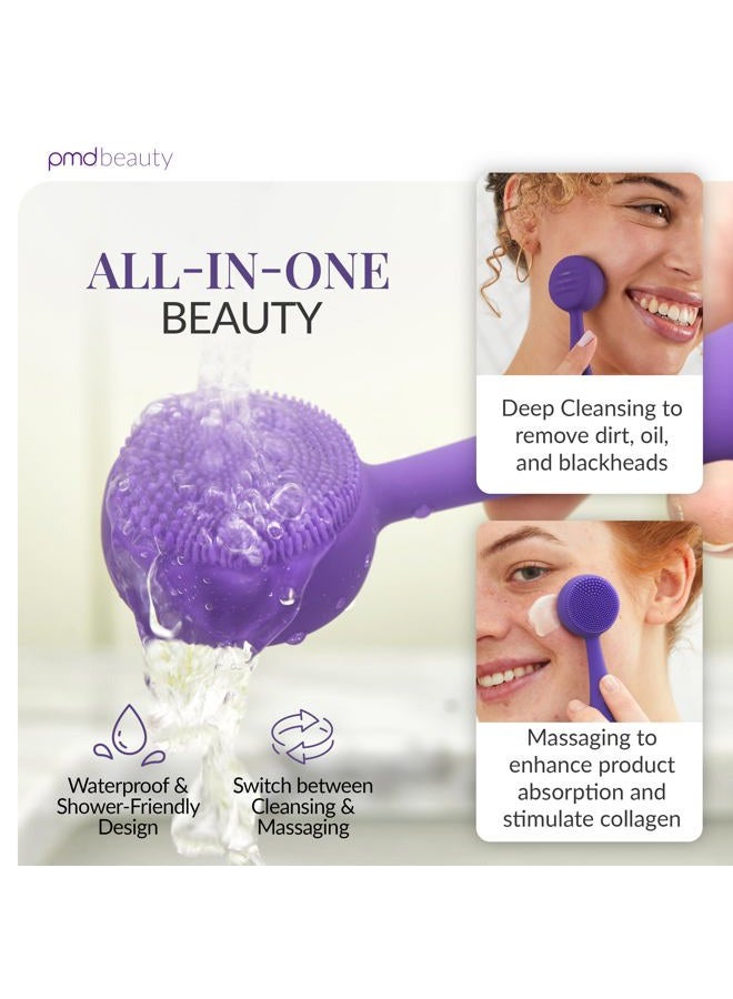 PMD جهاز تنظيف الوجه الذكي الصغير - مع فرشاة سيليكون ومُدلك مضاد للشيخوخة - مقاوم للماء - تقنية اهتزاز سونيك جلو - لتنظيف المسام والرؤوس السوداء - لرفع وشد وتوحيد لون البشرة - Image 3