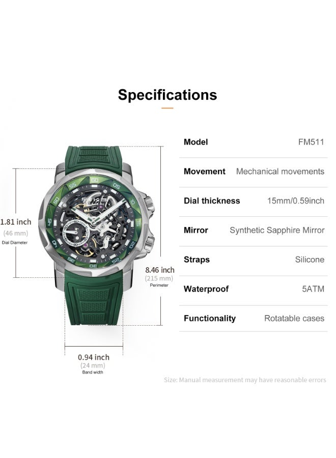 FEICE Men's Automatic Skeleton Watch – Green Silicone Strap, Sapphire Crystal, FM511 - Image 2