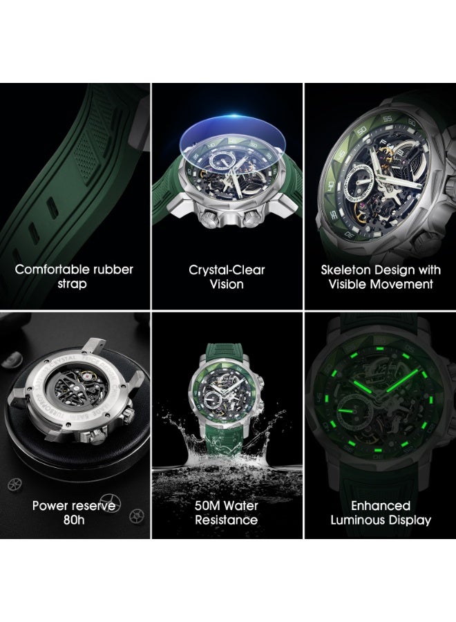 FEICE Men's Automatic Skeleton Watch – Green Silicone Strap, Sapphire Crystal, FM511 - Image 4