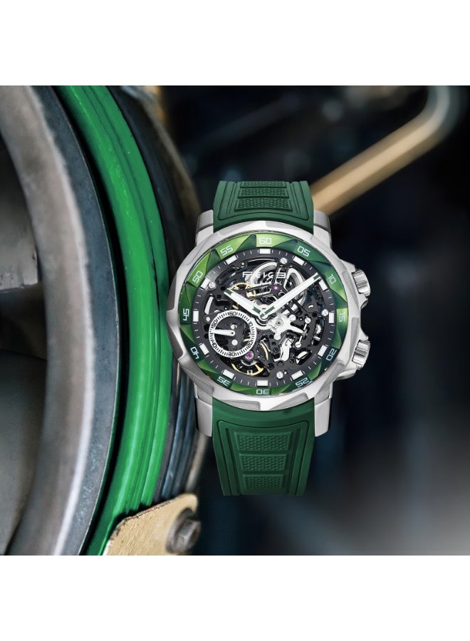 FEICE Men's Automatic Skeleton Watch – Green Silicone Strap, Sapphire Crystal, FM511 - Image 5