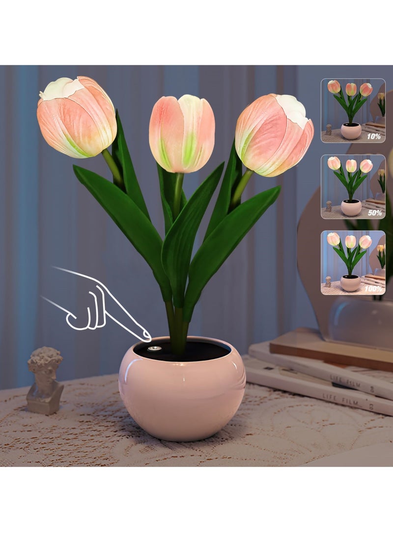 سيوسي مصباح طاولة LED بتصميم توليب وإناء سيراميكي، بثلاث رؤوس تمثل باقة زهور وهمية، مصباح ليلي لغرفة النوم، والجانبية، وغرفة المعيشة محاكاة مصباح توليب لديكور المنزل وتزيين المكتب - Image 1