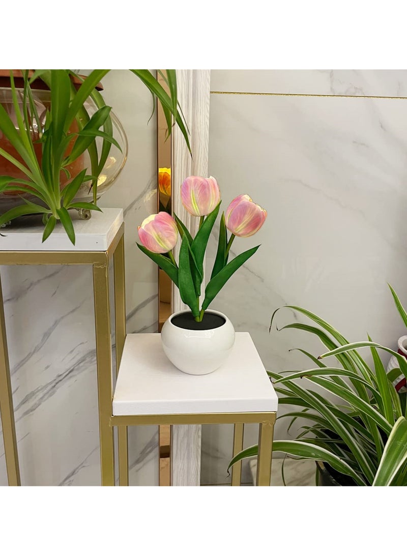 سيوسي مصباح طاولة LED بتصميم توليب وإناء سيراميكي، بثلاث رؤوس تمثل باقة زهور وهمية، مصباح ليلي لغرفة النوم، والجانبية، وغرفة المعيشة محاكاة مصباح توليب لديكور المنزل وتزيين المكتب - Image 4