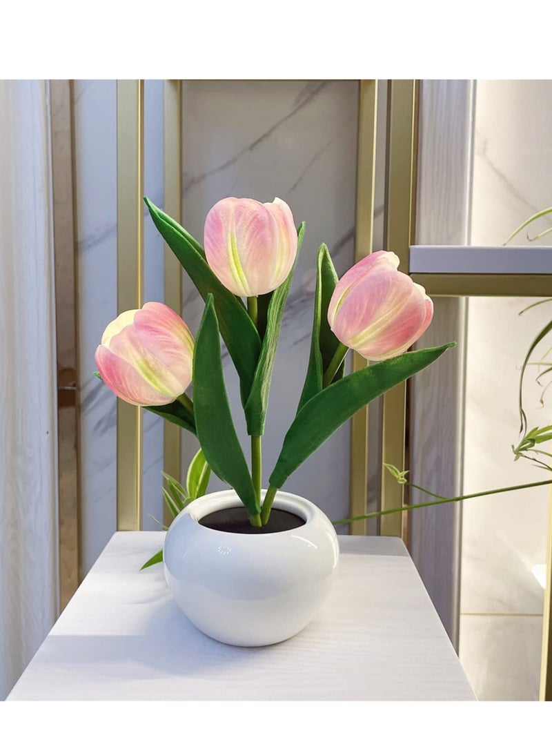 سيوسي مصباح طاولة LED بتصميم توليب وإناء سيراميكي، بثلاث رؤوس تمثل باقة زهور وهمية، مصباح ليلي لغرفة النوم، والجانبية، وغرفة المعيشة محاكاة مصباح توليب لديكور المنزل وتزيين المكتب - Image 2